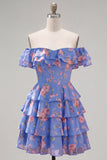 Off the Shoulder Blue A-Line Tiered Floral Cocktail Dress with Lace Up Back