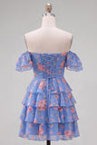 Off the Shoulder Blue A-Line Tiered Floral Cocktail Dress with Lace Up Back