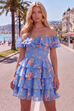 Off the Shoulder Blue A-Line Tiered Floral Cocktail Dress with Lace Up Back