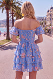 Off the Shoulder Blue A-Line Tiered Floral Cocktail Dress with Lace Up Back
