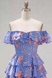 Off the Shoulder Blue A-Line Tiered Floral Cocktail Dress with Lace Up Back