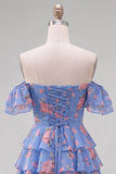 Off the Shoulder Blue A-Line Tiered Floral Cocktail Dress with Lace Up Back