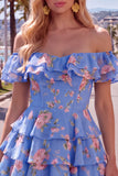 Off the Shoulder Blue A-Line Tiered Floral Cocktail Dress with Lace Up Back