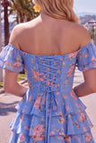 Off the Shoulder Blue A-Line Tiered Floral Cocktail Dress with Lace Up Back