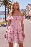 Off the Shoulder Blue A-Line Tiered Floral Cocktail Dress with Lace Up Back