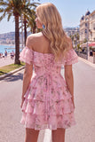 Off the Shoulder Blue A-Line Tiered Floral Cocktail Dress with Lace Up Back