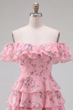 Off the Shoulder Blue A-Line Tiered Floral Cocktail Dress with Lace Up Back