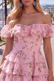 Off the Shoulder Blue A-Line Tiered Floral Cocktail Dress with Lace Up Back