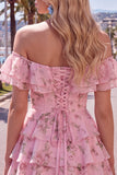 Off the Shoulder Blue A-Line Tiered Floral Cocktail Dress with Lace Up Back