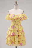 Off the Shoulder Blue A-Line Tiered Floral Cocktail Dress with Lace Up Back