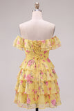 Off the Shoulder Blue A-Line Tiered Floral Cocktail Dress with Lace Up Back