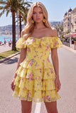 Off the Shoulder Blue A-Line Tiered Floral Cocktail Dress with Lace Up Back