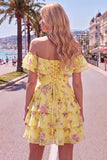 Off the Shoulder Blue A-Line Tiered Floral Cocktail Dress with Lace Up Back