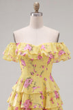 Off the Shoulder Blue A-Line Tiered Floral Cocktail Dress with Lace Up Back