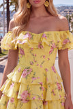 Off the Shoulder Blue A-Line Tiered Floral Cocktail Dress with Lace Up Back