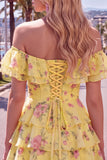 Off the Shoulder Blue A-Line Tiered Floral Cocktail Dress with Lace Up Back