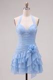 Blue Halter Bodycon Tiered Ruched Cocktail Dress with 3D Flower