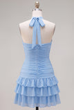 Blue Halter Bodycon Tiered Ruched Cocktail Dress with 3D Flower