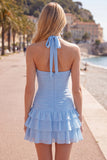 Blue Halter Bodycon Tiered Ruched Cocktail Dress with 3D Flower