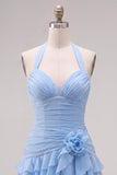Blue Halter Bodycon Tiered Ruched Cocktail Dress with 3D Flower