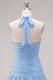 Blue Halter Bodycon Tiered Ruched Cocktail Dress with 3D Flower