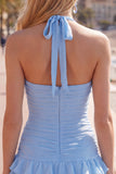 Blue Halter Bodycon Tiered Ruched Cocktail Dress with 3D Flower