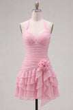 Blue Halter Bodycon Tiered Ruched Cocktail Dress with 3D Flower