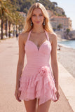 Blue Halter Bodycon Tiered Ruched Cocktail Dress with 3D Flower
