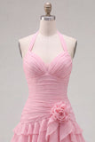 Blue Halter Bodycon Tiered Ruched Cocktail Dress with 3D Flower