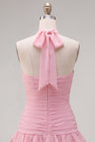 Blue Halter Bodycon Tiered Ruched Cocktail Dress with 3D Flower