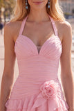 Blue Halter Bodycon Tiered Ruched Cocktail Dress with 3D Flower