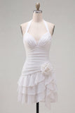 Blue Halter Bodycon Tiered Ruched Cocktail Dress with 3D Flower