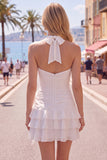Blue Halter Bodycon Tiered Ruched Cocktail Dress with 3D Flower