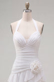 Blue Halter Bodycon Tiered Ruched Cocktail Dress with 3D Flower