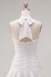 Blue Halter Bodycon Tiered Ruched Cocktail Dress with 3D Flower
