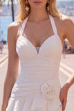 Blue Halter Bodycon Tiered Ruched Cocktail Dress with 3D Flower