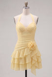 Blue Halter Bodycon Tiered Ruched Cocktail Dress with 3D Flower