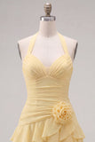 Blue Halter Bodycon Tiered Ruched Cocktail Dress with 3D Flower