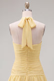 Blue Halter Bodycon Tiered Ruched Cocktail Dress with 3D Flower