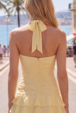Blue Halter Bodycon Tiered Ruched Cocktail Dress with 3D Flower