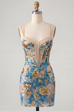 Blue Flower Bodycon Corset Sequins Lace Up Back Spaghetti Straps Short Homecoming Dress