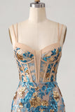 Blue Flower Bodycon Corset Sequins Lace Up Back Spaghetti Straps Short Homecoming Dress