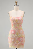 Pink Yellow Floral Appliques Bodycon Pearls Short Cocktail Dress with Beading
