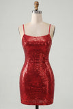 Sparkly Red Spaghetti Straps Bodycon Sequins Short Homecoming Dress with Lace Up Back