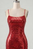 Sparkly Red Spaghetti Straps Bodycon Sequins Short Homecoming Dress with Lace Up Back