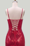 Sparkly Red Spaghetti Straps Bodycon Sequins Short Homecoming Dress with Lace Up Back