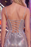 Sparkly Red Spaghetti Straps Bodycon Sequins Short Homecoming Dress with Lace Up Back