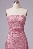 Strapless Dusty Rose Bodycon Ruched Short Homecoming Dress with Beading