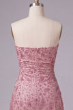 Strapless Dusty Rose Bodycon Ruched Short Homecoming Dress with Beading
