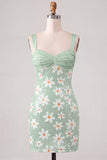 Green Floral Bodycon Sequins Thick Straps Short Homecoming Dress
